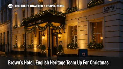 Brown's Hotel festive façade in Mayfair with garlands and warm lighting for the English Heritage Christmas partnership