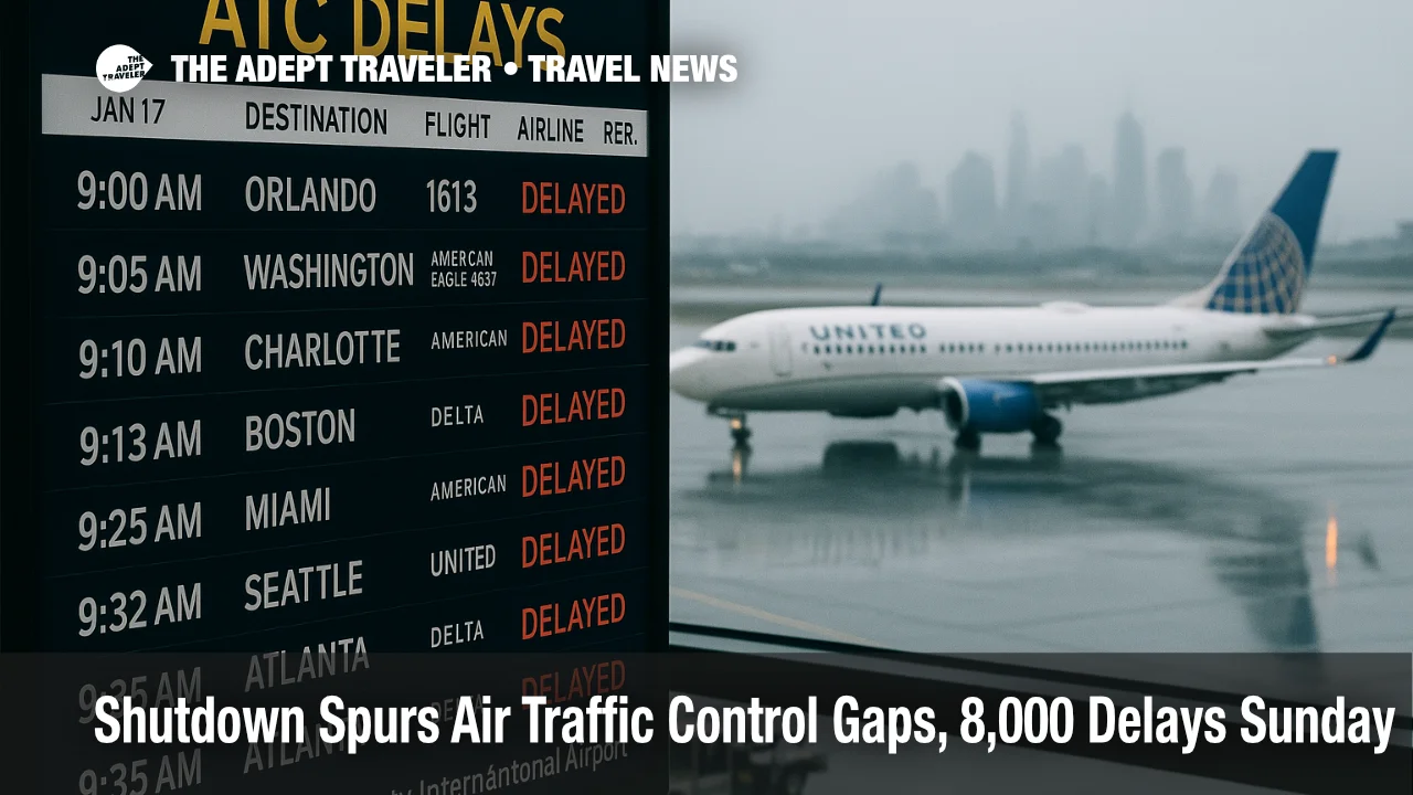 Departures board at Newark shows ATC delay alerts with wet ramp and taxiing jet, illustrating shutdown-driven air traffic control delays across the U.S.