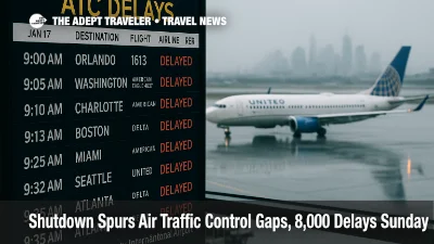 Departures board at Newark shows ATC delay alerts with wet ramp and taxiing jet, illustrating shutdown-driven air traffic control delays across the U.S.