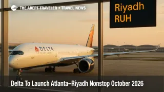 Delta A350-900 at an Atlanta international gate with a departures board showing Riyadh, illustrating Delta's new Atlanta to Riyadh nonstop route starting October 2026