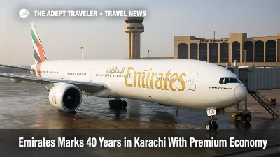 Emirates Boeing 777 at a Karachi gate with Premium Economy showcase signage, marking 40 years of Emirates service to Karachi