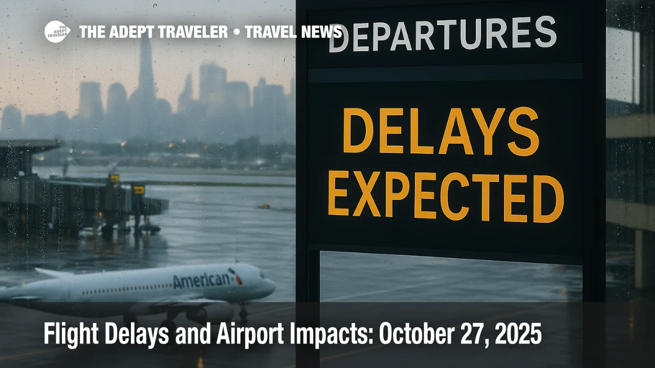 Rainy scene at Newark departures with "Delays Expected" board, capturing Monday flight delays and airport impacts across major U.S. hubs