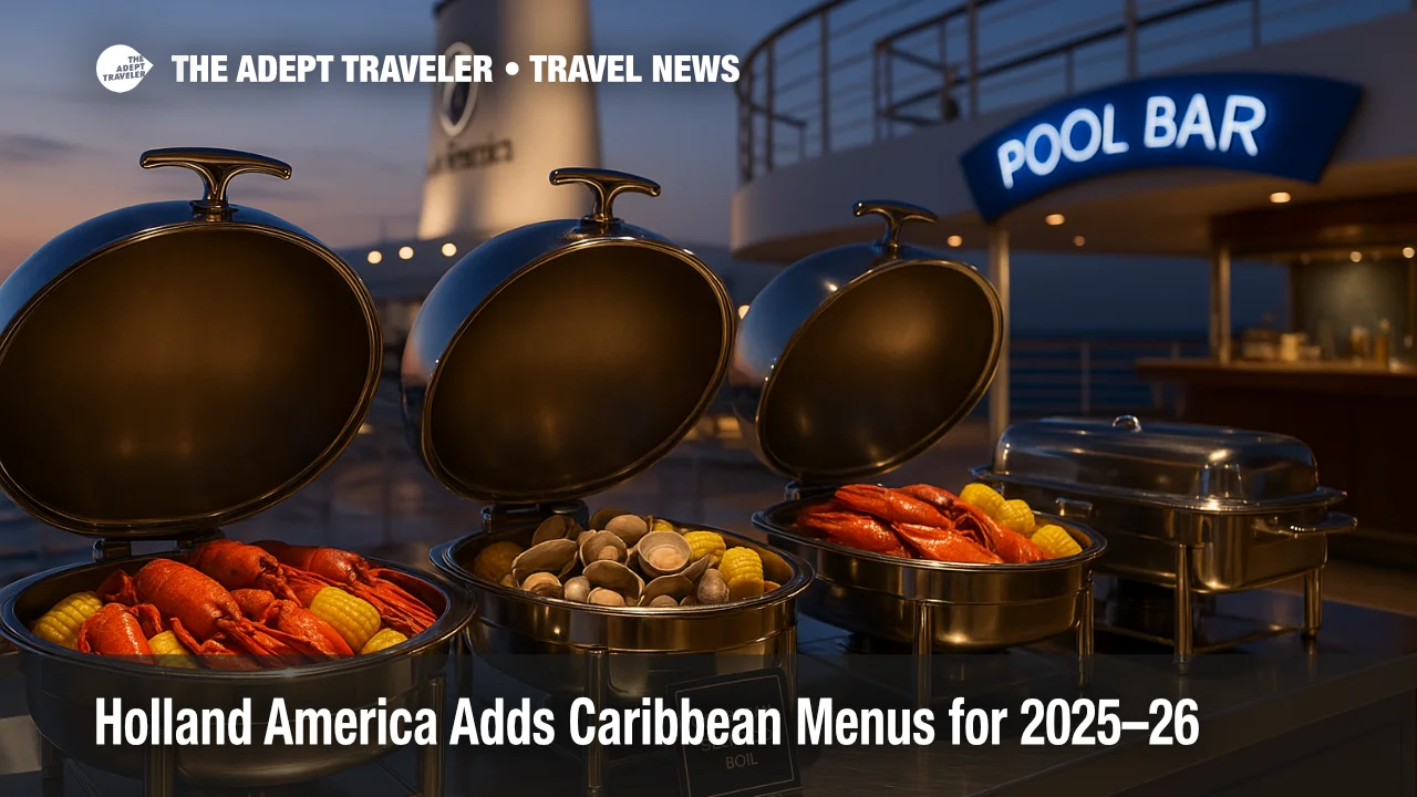 Twilight Lido buffet with a Caribbean Seafood Boil aboard a Holland America ship highlighting the new Caribbean menu for the 2025-26 season