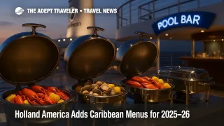 Twilight Lido buffet with a Caribbean Seafood Boil aboard a Holland America ship highlighting the new Caribbean menu for the 2025-26 season