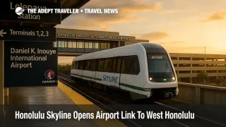 Skyline train at Lelepaua Station with elevated walkway connecting to Daniel K. Inouye International Airport Terminals 1, 2 and 3