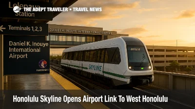 Skyline train at Lelepaua Station with elevated walkway connecting to Daniel K. Inouye International Airport Terminals 1, 2 and 3