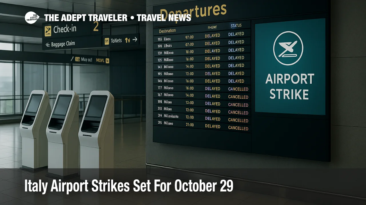 Milan Linate departures hall with strike alerts on the board during Italy airport strikes, highlighting ENAC protected time bands and traveler rebooking options