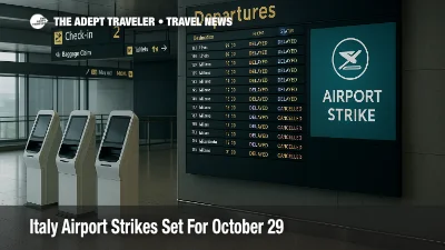 Milan Linate departures hall with strike alerts on the board during Italy airport strikes, highlighting ENAC protected time bands and traveler rebooking options