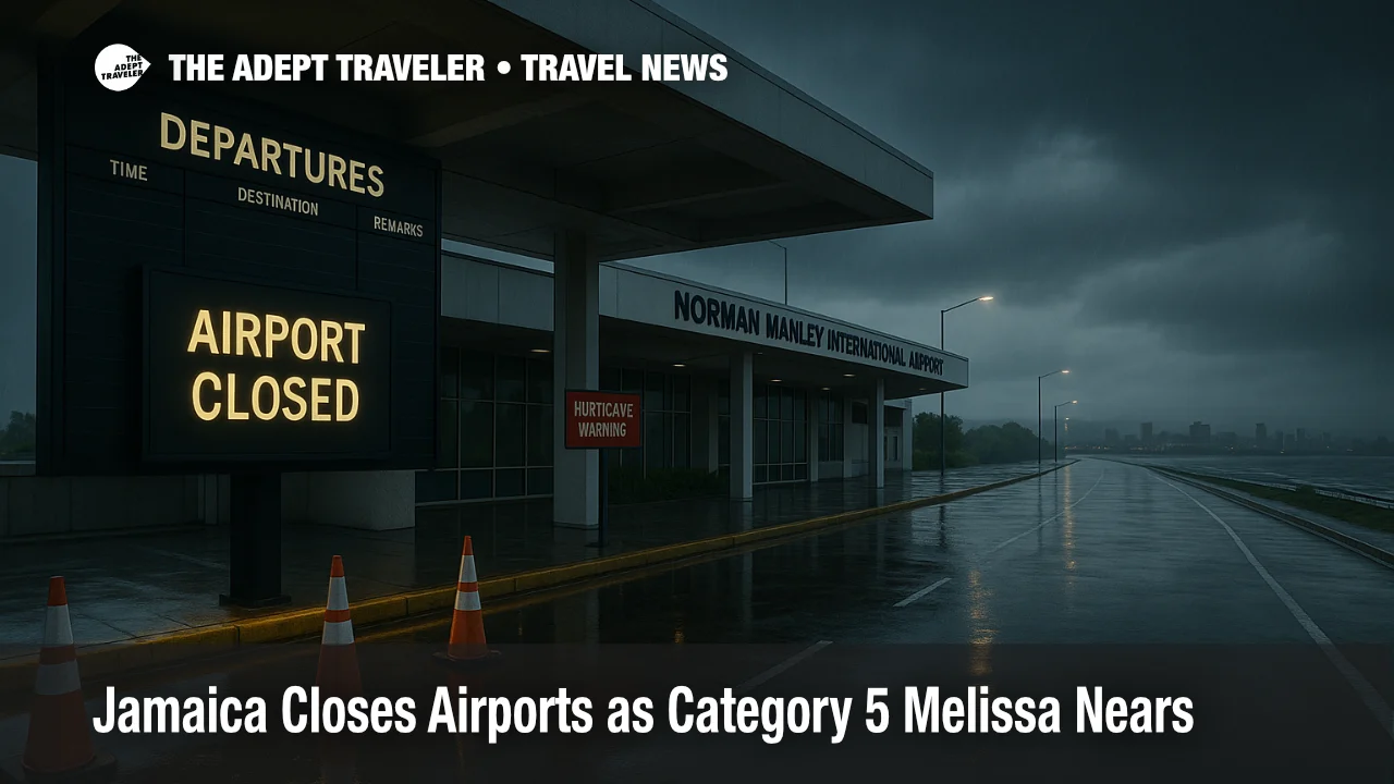 Jamaica airports closed as Category 5 Hurricane Melissa nears, with storm rain and travel warnings visible at the terminal