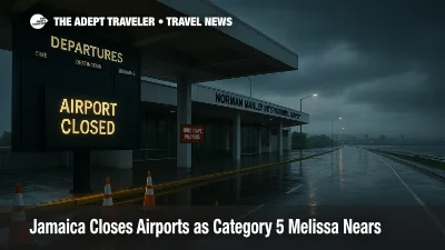 Jamaica airports closed as Category 5 Hurricane Melissa nears, with storm rain and travel warnings visible at the terminal