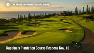 Late-afternoon view over the Kapalua Plantation Course in West Maui with fairways and Pacific horizon, illustrating the course's November 10 reopening and booking details