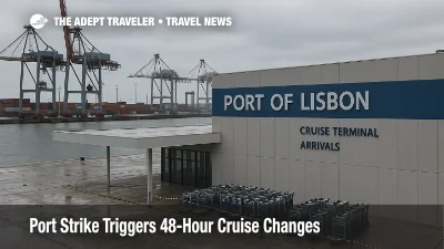 Idle gantry cranes and closed arrivals canopy at Lisbon cruise terminal during a Lisbon port strike, with luggage trolleys staged and operations paused