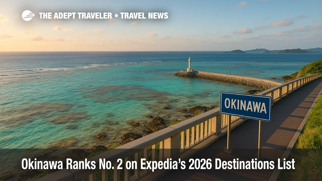 Okinawa shoreline with turquoise reef flats and a lighthouse, illustrating Expedia's 2026 Destinations of the Year ranking