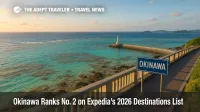 Okinawa shoreline with turquoise reef flats and a lighthouse, illustrating Expedia's 2026 Destinations of the Year ranking