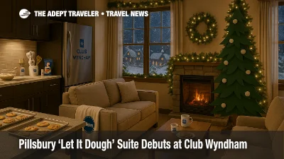 Holiday baking themed Pillsbury Let It Dough Suite at Club Wyndham Midtown 45 with stocked kitchen, frosted windows, and electric fireplace for New York City stays