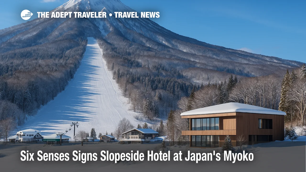 Snowy slopes at Myoko Suginohara beneath Mount Myoko with a modern Six Senses lodge concept shown near the base, highlighting the Six Senses Myoko ski hotel location