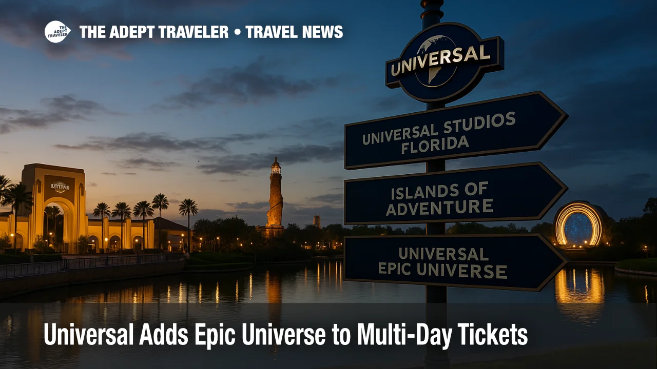 Early evening view of Universal Orlando wayfinding and Epic Universe portal, illustrating 2026 multi-day ticket access across all three parks
