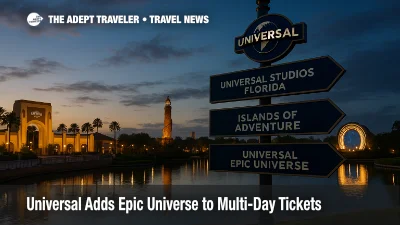Early evening view of Universal Orlando wayfinding and Epic Universe portal, illustrating 2026 multi-day ticket access across all three parks