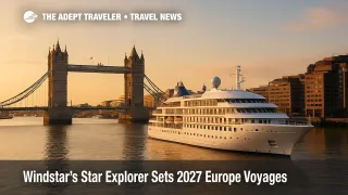 Small-ship Star Explorer near Tower Bridge on the Thames ahead of 2027 Europe voyages