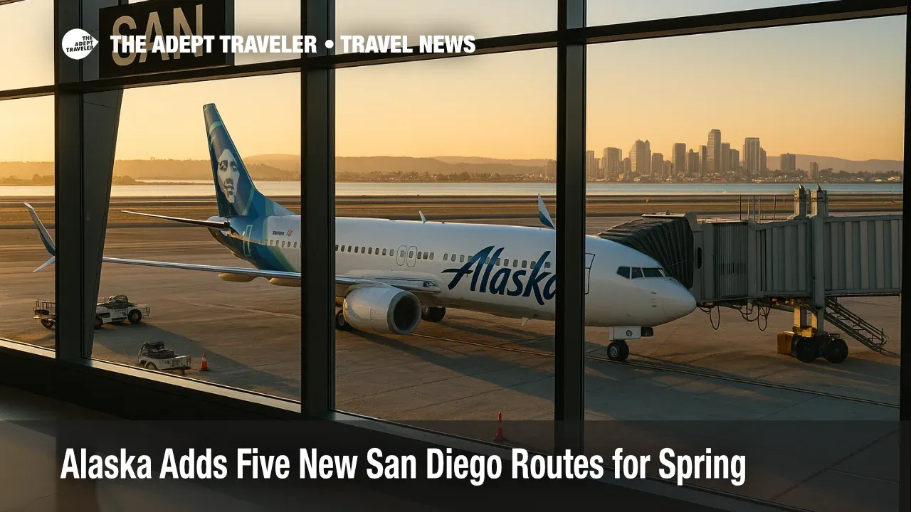 Alaska 737 parked at San Diego's New Terminal 1 as the airline adds five new San Diego routes for spring 2026