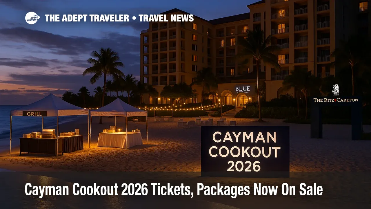 Twilight view of Seven Mile Beach with The Ritz-Carlton, Grand Cayman and Cayman Cookout 2026 event lighting along the shore, signage toward Blue by Eric Ripert