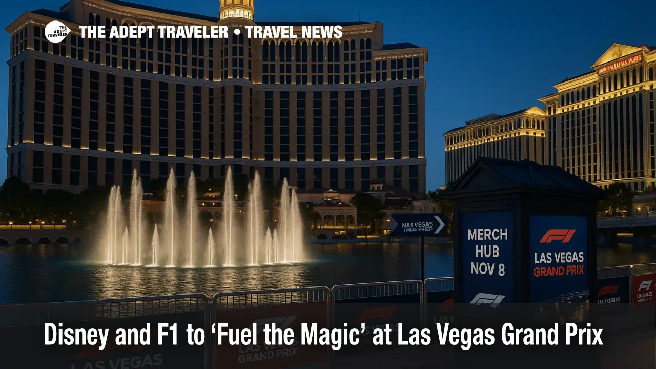 Blue-hour view of Bellagio Fountains with Las Vegas GP barriers and signage, illustrating Disney and Formula 1 collaboration kickoff in November 2025