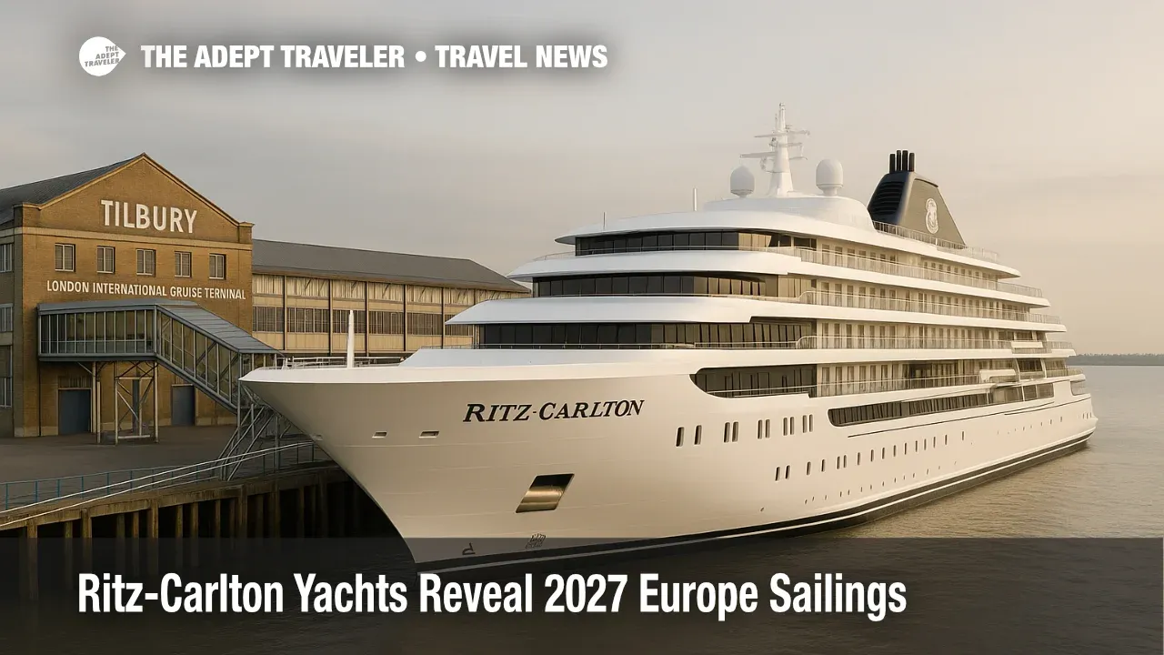 Ritz-Carlton Ilma docked at Tilbury cruise terminal, new 2027 Europe itineraries highlighted by London turnaround access