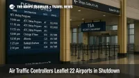 Departures board at Reagan National showing ATC delay program alerts during the government shutdown, concourse wayfinding visible, no people