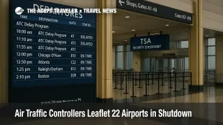 Departures board at Reagan National showing ATC delay program alerts during the government shutdown, concourse wayfinding visible, no people