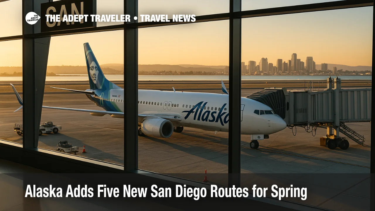 Alaska 737 parked at San Diego's New Terminal 1 as the airline adds five new San Diego routes for spring 2026