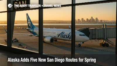 Alaska 737 parked at San Diego's New Terminal 1 as the airline adds five new San Diego routes for spring 2026