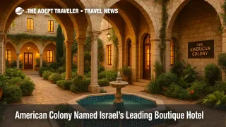 Golden-hour courtyard at The American Colony Hotel Jerusalem with arches, tiled fountain, and garden, highlighting Israel's Leading Boutique Hotel award