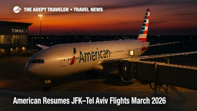 American Airlines Boeing 777-200ER at JFK Terminal 8 at dusk, signaling the carrier's JFK to Tel Aviv service restart in March 2026