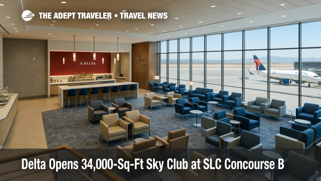 Delta Sky Club Salt Lake City lounge interior with bar, buffet, and seating areas overlooking Concourse B gates and ramp through floor-to-ceiling windows