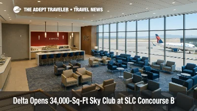 Delta Sky Club Salt Lake City lounge interior with bar, buffet, and seating areas overlooking Concourse B gates and ramp through floor-to-ceiling windows