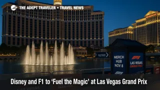 Blue-hour view of Bellagio Fountains with Las Vegas GP barriers and signage, illustrating Disney and Formula 1 collaboration kickoff in November 2025