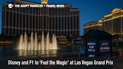 Blue-hour view of Bellagio Fountains with Las Vegas GP barriers and signage, illustrating Disney and Formula 1 collaboration kickoff in November 2025
