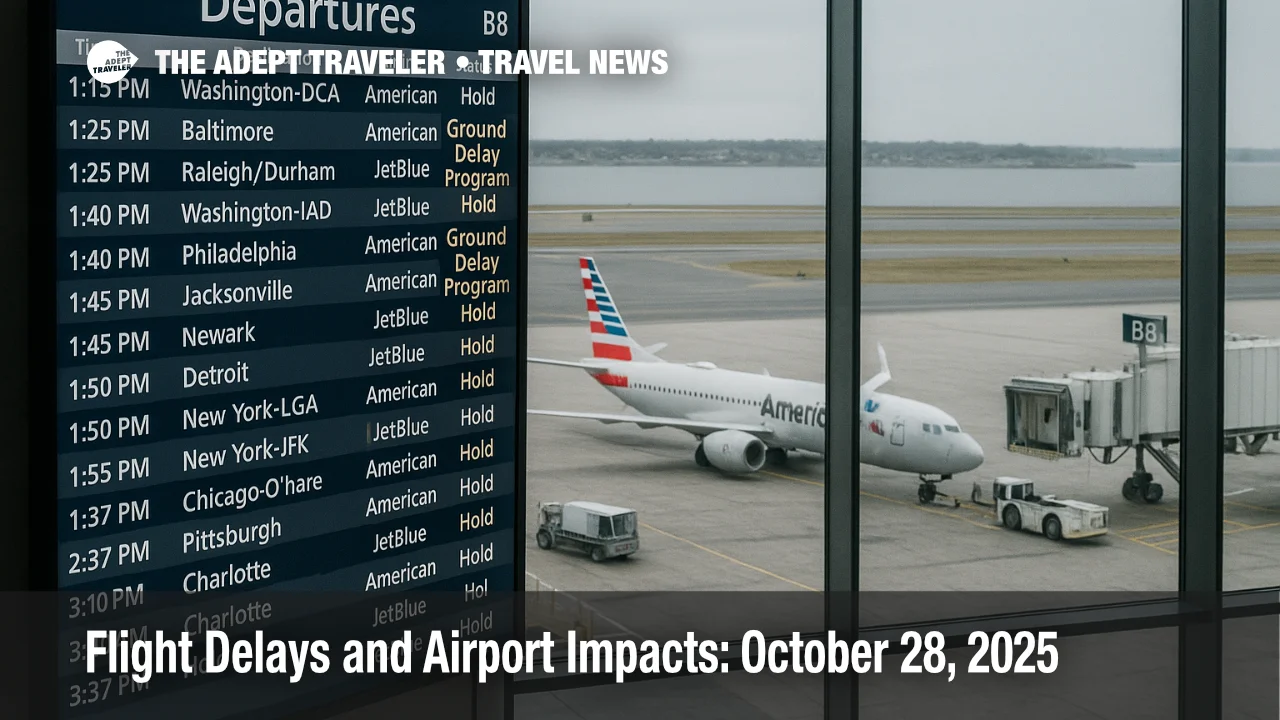 Departures board at Boston Logan shows Ground Delay Program alerts with ramp activity and taxiing jet, illustrating FAA programs and afternoon travel impacts