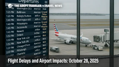 Departures board at Boston Logan shows Ground Delay Program alerts with ramp activity and taxiing jet, illustrating FAA programs and afternoon travel impacts
