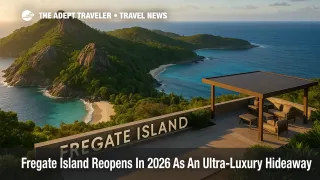 Aerial view from Mont Signal over Fregate Island's beaches and reef, showcasing the privacy-first design ahead of the 2026 reopening