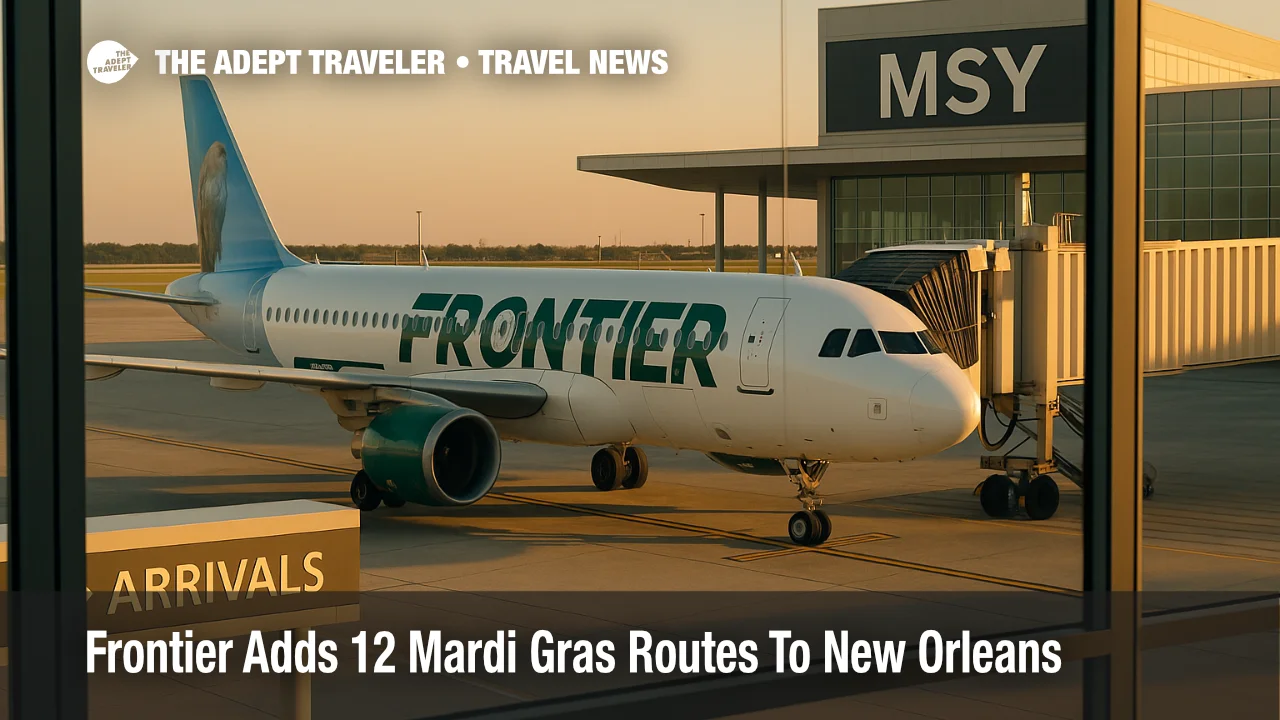 Frontier A320 at MSY gate with terminal signage and curbside canopy, illustrating added Mardi Gras flights to New Orleans in February 2026 ([Frontier Newsroom][1])