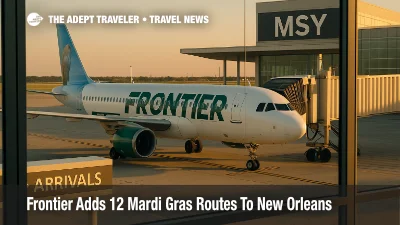 Frontier A320 at MSY gate with terminal signage and curbside canopy, illustrating added Mardi Gras flights to New Orleans in February 2026 ([Frontier Newsroom][1])