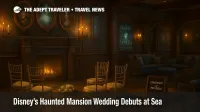 Haunted Mansion Parlor wedding setup aboard Disney Destiny with ornate portraits, mantel and lounge details for an intimate Disney cruise ceremony