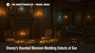 Haunted Mansion Parlor wedding setup aboard Disney Destiny with ornate portraits, mantel and lounge details for an intimate Disney cruise ceremony