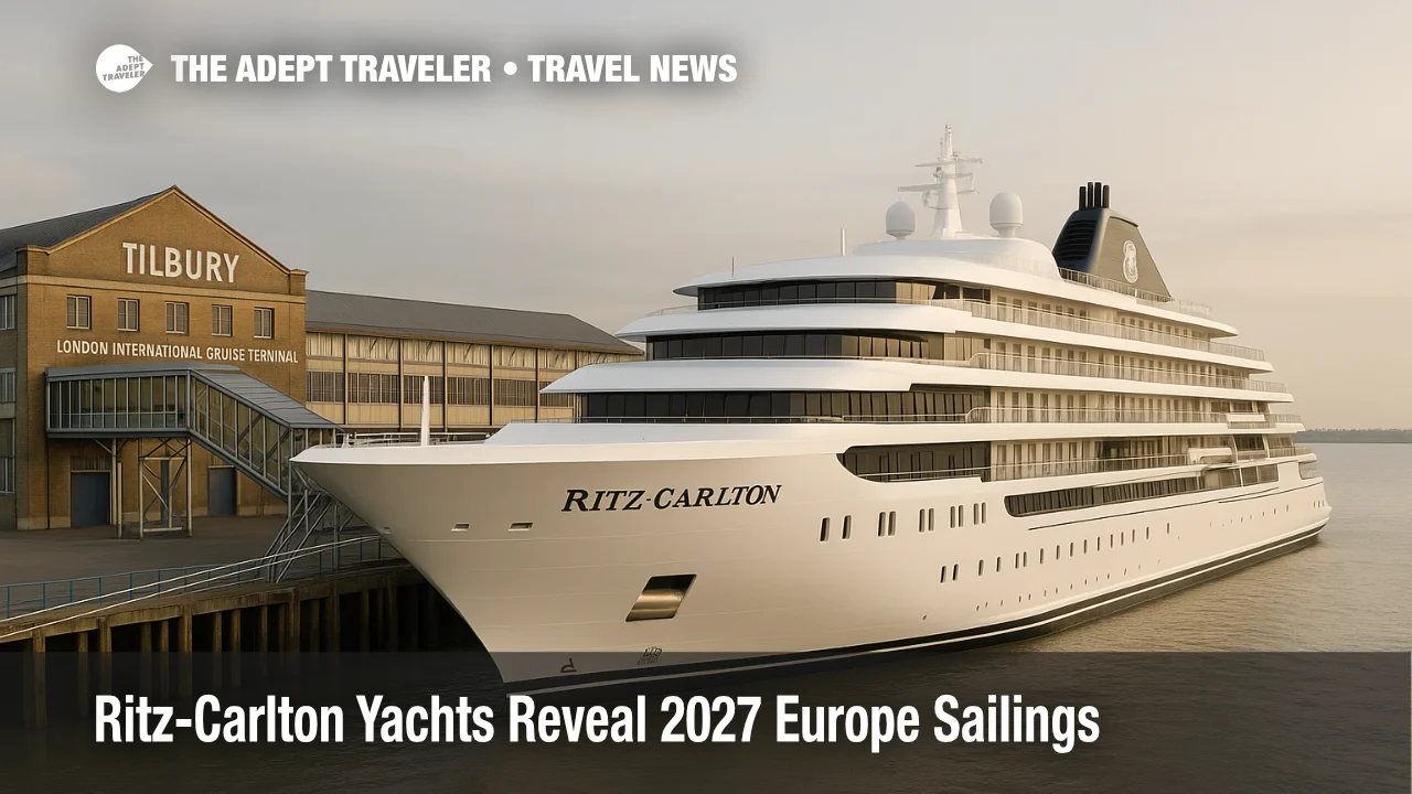 Ritz-Carlton Ilma docked at Tilbury cruise terminal, new 2027 Europe itineraries highlighted by London turnaround access