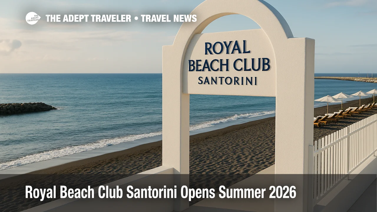 Royal Beach Club Santorini entrance and black-sand shoreline with Aegean backdrop, illustrating the Ultimate Santorini Day private beach experience