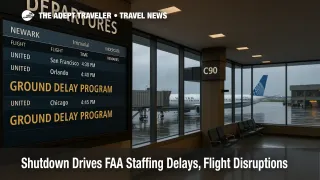Departures board at Newark shows Ground Delay Program notices as government shutdown flight delays mount, with wet ramp and idle gate area visible beyond