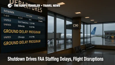 Departures board at Newark shows Ground Delay Program notices as government shutdown flight delays mount, with wet ramp and idle gate area visible beyond