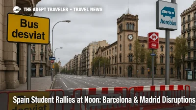 Midday street closures near Plaça Universitat with bus detour signs and Aerobús stop marker affecting airport transfers in Barcelona