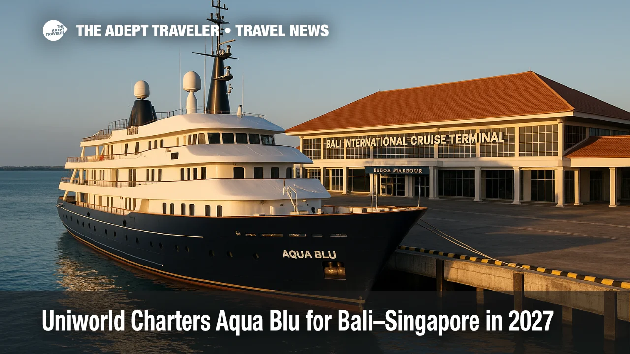 Aqua Blu alongside at Bali's cruise terminal ahead of Uniworld's 2027 Bali to Singapore expedition charter
